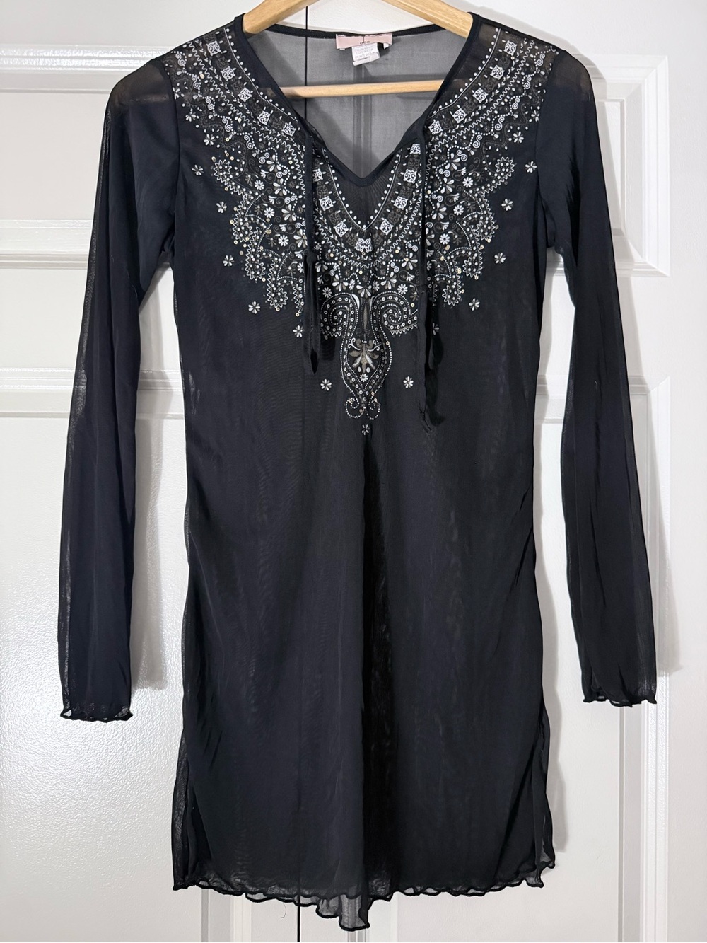 OBE Black Sheer Embellished Swim Cover-Up Tunic Y2K Boho Size L